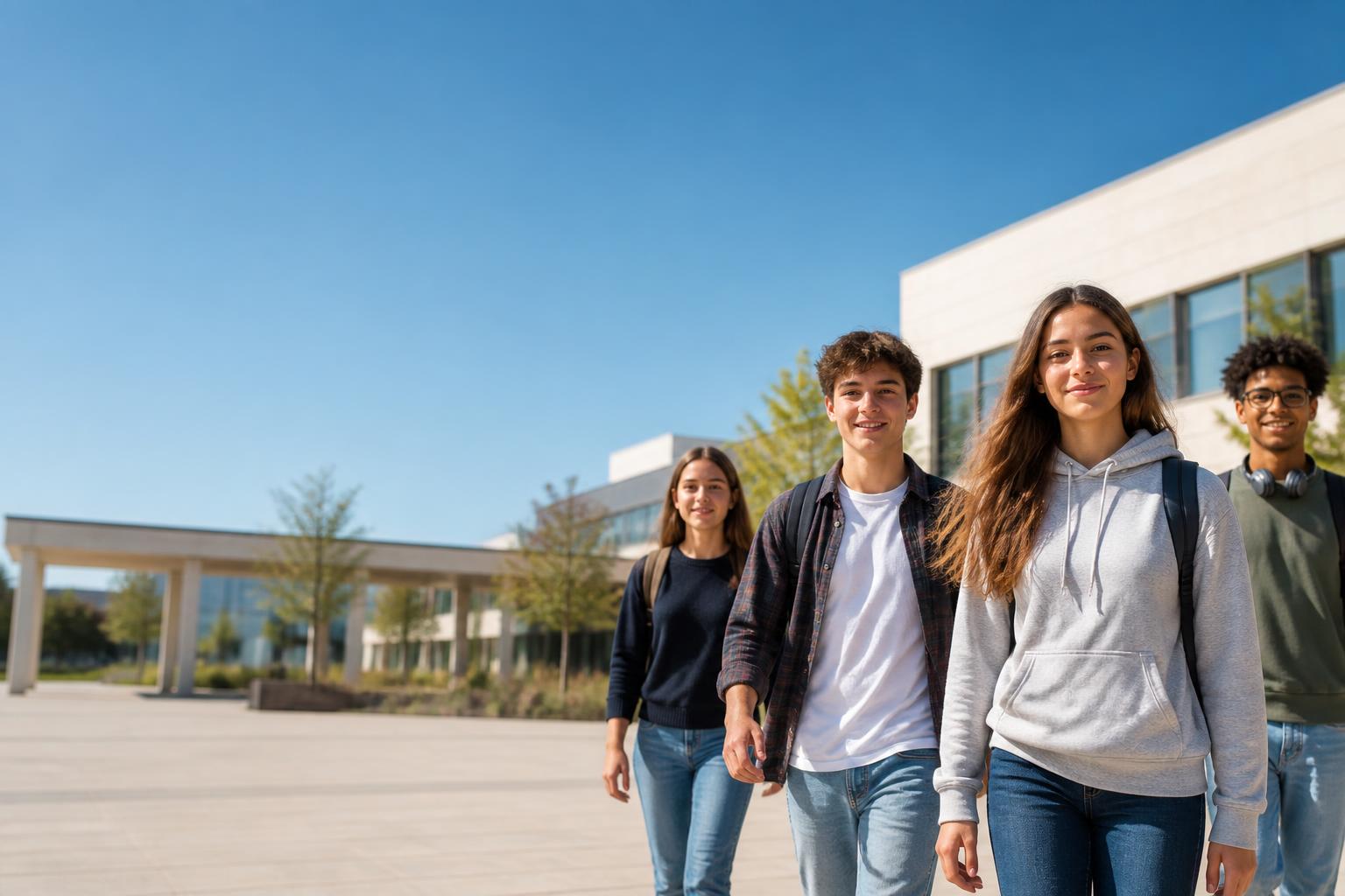 Adolescents devant un établissement scolaire moderne
